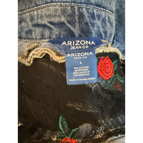 Arizona Jean Co Distressed Denim Jacket Floral Embroidered Lace Inserts Med EUC - Picture 7 of 8
